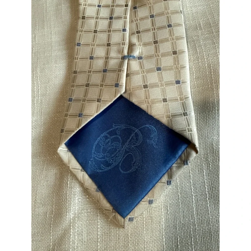 Bugatti Mens Silk Tie Champagne Tan Blue Geometric Grid Pattern Classic Necktie